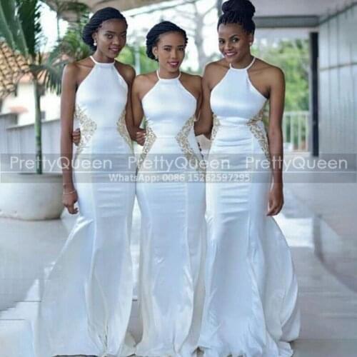White Mermaid Bridesmaid Dresses With Appliques Halter Sleeveless Long Bohemia Maid Of Honor Dress Wedding Party Formal