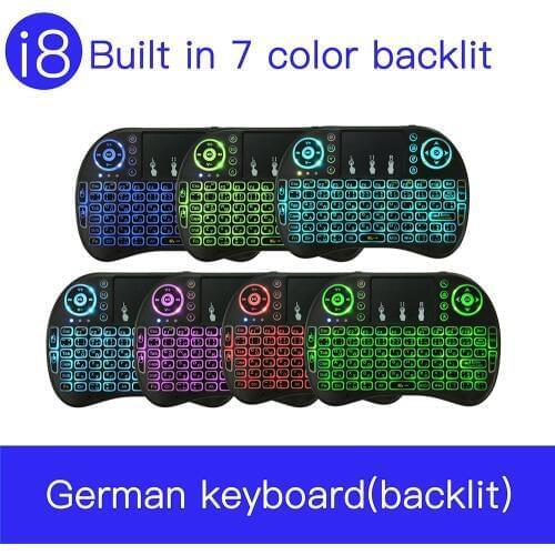 I8 German Deutsch 2.4G Air Fly Mouse 7 Color Backlit Mini Wireless Keyboard Handheld Touchpad RemoteControl for Speech Projector