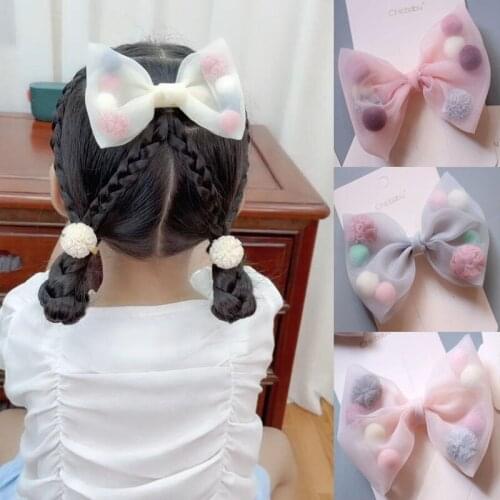Kids Korean New Princess Style Colorful Plush Ball Net Yarn Lace Bow Duck Bill Clip Side Clip Children Hair Accessories Pink