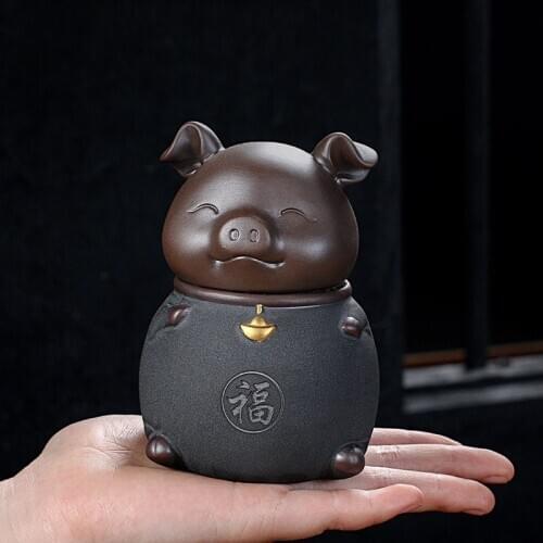 Purple Clay Tea Caddy Ceramic Sealed Storage Box Solicit Wealth Cat Small Happy Pig Tea Jars Black Tea Green Tea Pu'er Ornaments