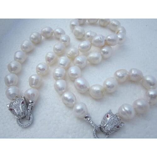 11-13mm White Akoya Sea Pearl Necklace Bracelet set Leopard Clasp
