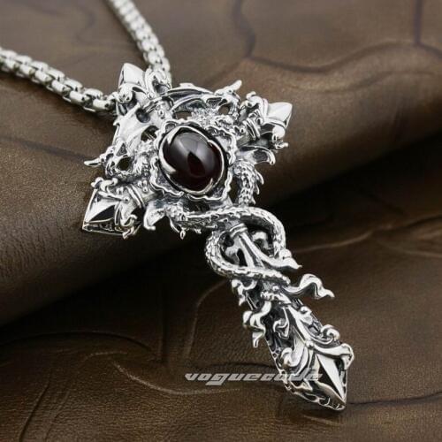 CZ Stone 925 Sterling Silver Dragon Twine Cross Sword Mens Biker Rock Punk Pendant 8X002