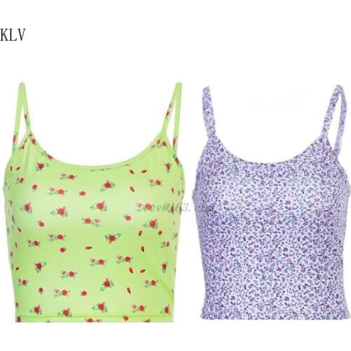 Summer Pastoral Style Women Sleeveless Crop Top Bright Colorful Floral Spaghetti Strap Camisole Bodycon Sling Navel Vest