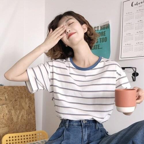Summer T Shirt Women Blue-collar Inserted Color Stripe Short Sleeve Summer Student Loose Upper 2021 Harajuku Tshirt WBX731