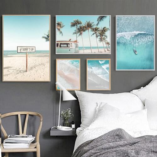 Boat Ocean Waves Overhead Picture Nature Scandinavian Poster Nordic Decoration Sandy Beach Bus Print Wall Art Canvas Painting
