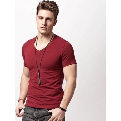 New men lycra cotton short sleeve T-shirt movement thin kind of pure color v-neck leisure mens short sleeve T-shirt