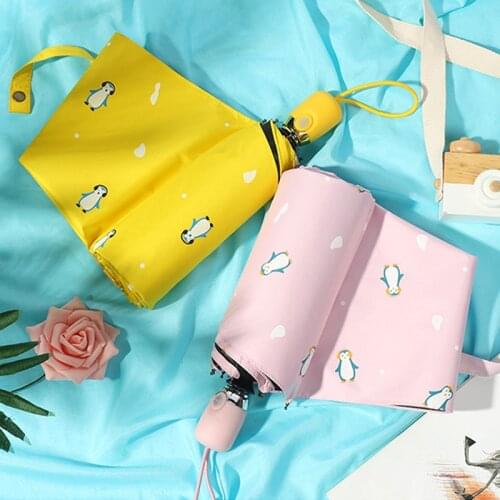 New Lovely Cartoon Color Fully Automatic Three Folding Black Coating Rain and Sun Umbrella Custom Promotional Logo Printed