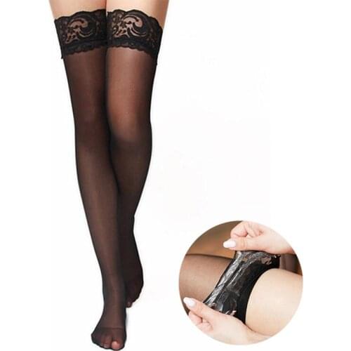 Sexy Women Silicone Stockings Lace Top Stay Up Thigh High Stockings Hosiery Pantyhose Female Elastic Nylon Stockings Plus Size