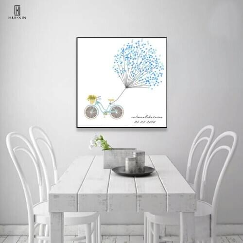 Simple Cute Cartoon Blue Bike With Yellow Flowers Wishes Birthday Gifts Guestbook Fingerprint DIY for Kids Signature Party Decor