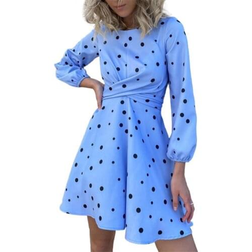 Dropshipping!!Women Dress Polka Dot Waist Tied Autumn Round Neck Long Sleeve Slim Dress Streetwear