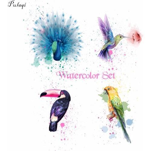Pulaqi Cute Birds Hummingbird Parrot Iron On Transfers Patches Watercolor Set Heat Thermal Transfer For Kids Pillow DIY Decor F