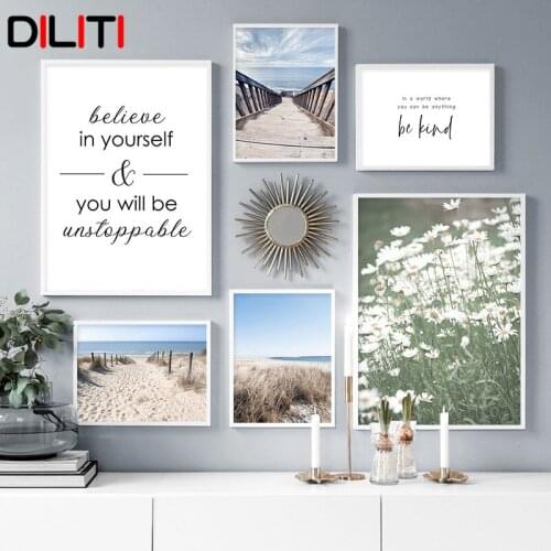 Reed Sea Bridge Beach Canvas Painting Daisy Flower Plant Life Quotes Wall Pictures Nordic Posters and Prints for Living Room