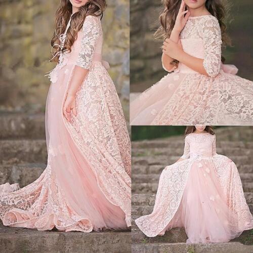 Pink Lace Flower Girl Dresses For Wedding Scoop Tulle Floor Length Party Birthday Gown Junior Bridesmaid Dress For Girls
