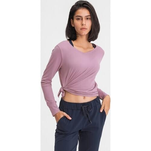 Naked Feel Fitness Sport Long Sleeve T Shirts Women Quick Dry Side Tie Up Yoga Athletic Workout Shirts Sportwear