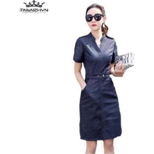 Tnlnzhyn 2019 New Summer Women Plus Sizes Denim Dresses Casual V-neck Short Sleeved Jeans Dress Slim long Denim Dress A76