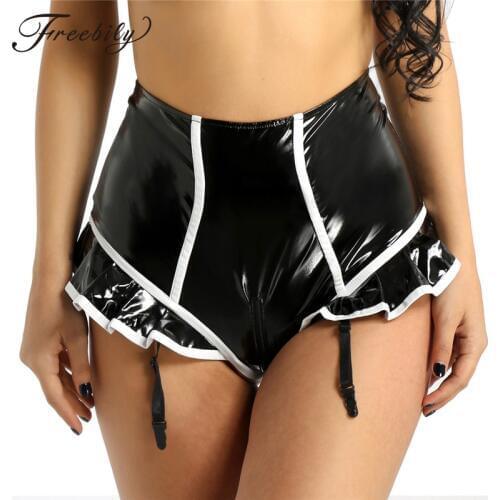 Womens Briefs Wetlook Faux Leather Ruffled Open Zipper Crotch High Waist Surspender Sexy Panties with Garters Ladies Underwear