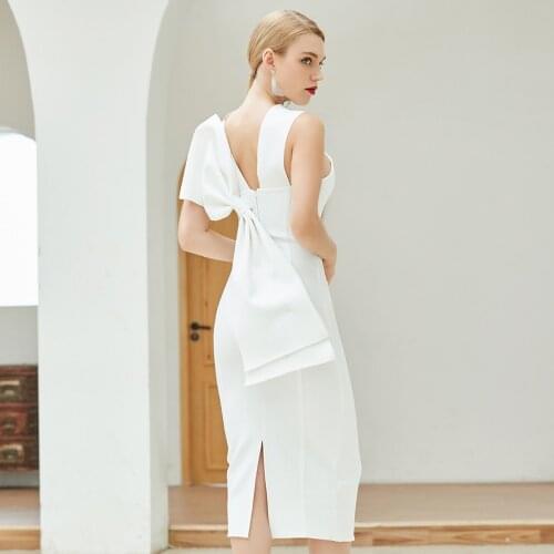 Seamyla 2021 New Summer White Bodycon Bandage Dress Women Sexy Sleeveless Halter Bow Midi Celebrity Runway Party Club Dresses