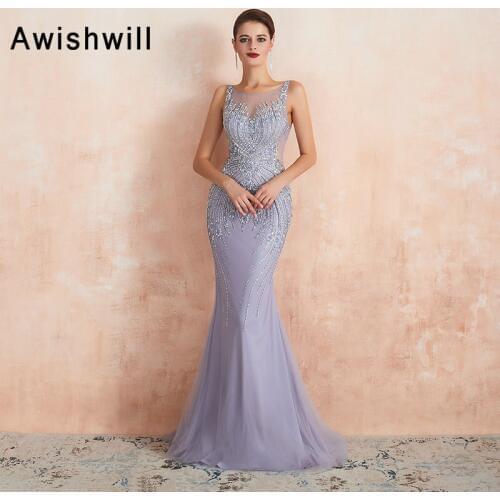 Lavender Evening Dresses 2020 Mermaid Sleeveless Long Formal Dress Women Elegant Beaded Crystal Sheer Neck Sweep Train Prom Gown
