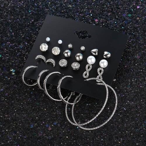 12PRS/SET Fashion Wholesale Price 3PRS/SET Pearl Crystal Mixed Style Small Big Hoops Circle Loop Earring for Women Female