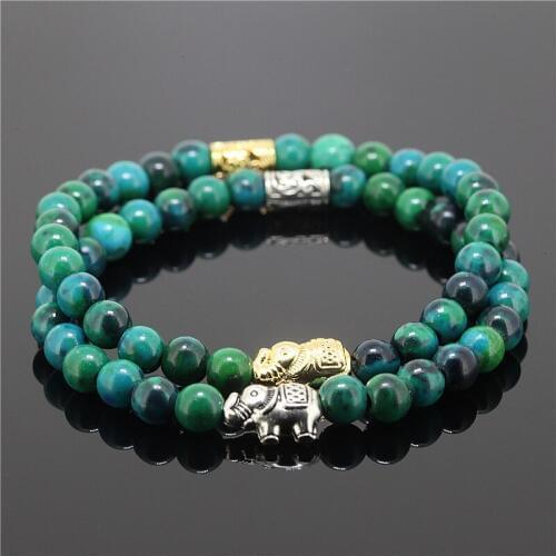 2PCS New Arrival Women Girl Lucky Animal Bracelet Cyan Color 6mm Lapis Lazuli Stone Beads Antique Gold Elephant Bracelet