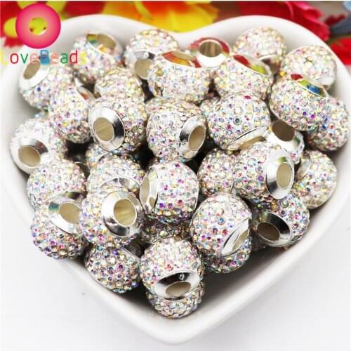 20Pcs Silver Color Plated Brass Cores Crystal Rhinestone Big Hole Spacer Stopper Clip Fit Pandora Charms Bracelet Jewelry Gift