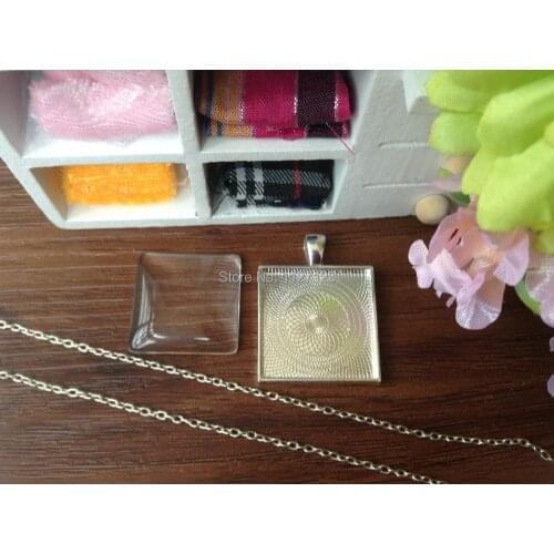 30 Sets,25mm Silver plated Photo Pendant DIY Kits, Square, Cabochon Setting Metal Trays, Glass Cabochons, Metal Necklace Chains