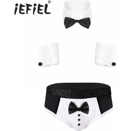 Men 4Pcs Patchwork Leotard Lingerie Costume Collar Cuffs with Bowkont Low Rise Briefs Underwear Sissy Clubwear for Nightclub
