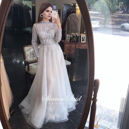 Arabic Silver Long Sleeve Muslim Evening Dresses 2021 Luxury Dubai Beaded High Neck Women Wedding Formal Dress Prom Party Gowns