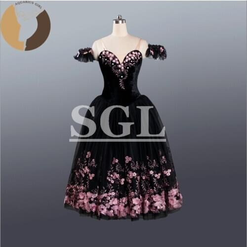 Adult Velvet Bodies Romantic Tutu Girls Long Dress Performance Ballet Costumes Black Color With Pink Embroider 5 Layers AT1206