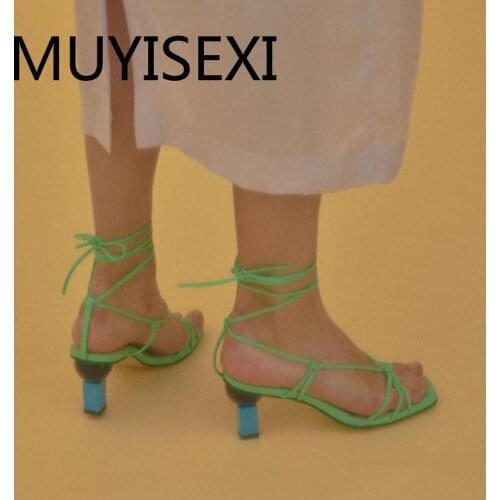 European design square peep toe strange 7cm high heels shoes elegant solid daily wear lace up summer hot sandals HL251 MUYISEXI