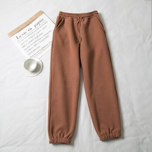 Obrix Sporty Warm Female Harem Pants Casual Style Trendy High Elastic Waist Fine Sashes Calf Length Pants For Women