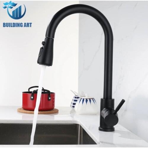 Black Pull Out Kitchen Faucet Deck Mount Sink Faucet Shower Column Mode Kitchen Faucet Hot Cold Mixer Crane Kitchen Faucet Taps