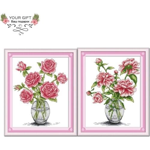 Joy Sunday H025H026 Free Shipping 14CT 11CT Counted and Stamped Home Decor Roses In Vase Flower Needlepoint Cross Stitch kits