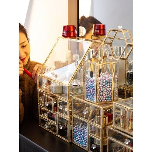 Makeup Storage Box Table Top Glass Non-Acrylic Home Lip Glaze Brush Bucket Finishing Skin Care Dressing Table Storage Rack