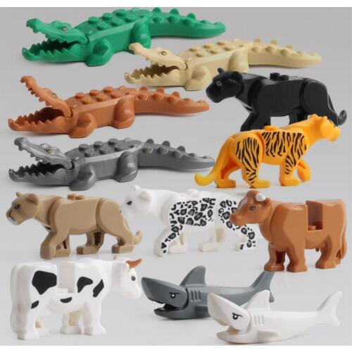 Mini Building Blocks Cartoon Crocodile Shark Leopard Cow Tiger Animals Moddel Educational Games Figures Bricks Toys for Children