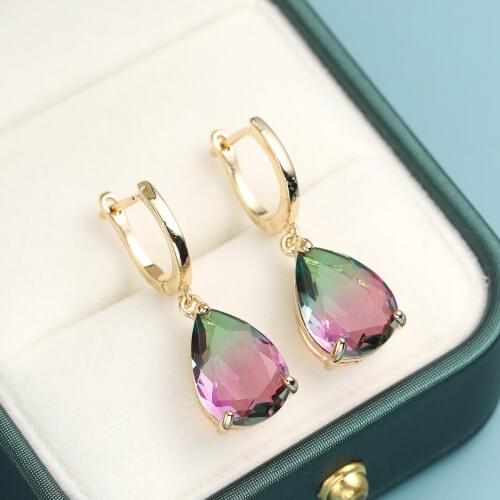 Fashion Elegant Gold Plated Water Drop Dangle Earrings Multicolor Gems Zircon Bridal Earrings Wedding Jewelry Crystal Earrings