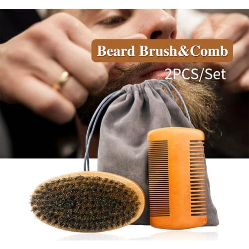 Men Beard And Mustache Combs Kit Beard Care Brush Grooming Wood Oval Double-sided Styling Comb Men Beard Brush And Comb Set