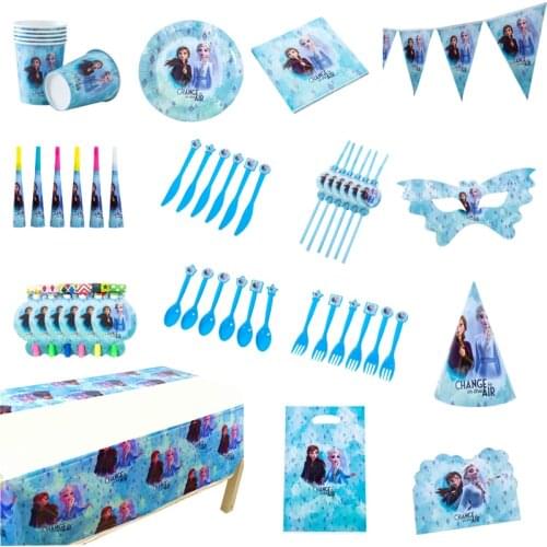 Disney Frozen Theme High Quality Disposable Tableware Cups Plates Flag Bags Tablecloth Girl Birthday Party Decorations Supplies