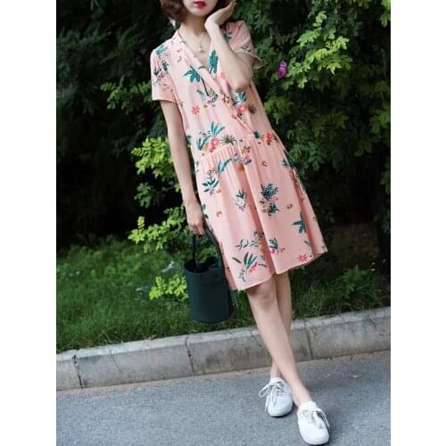 Coconut Print Dress Island Coconut Grapefruit Pink Silk Crepe Short Sleeve Dress