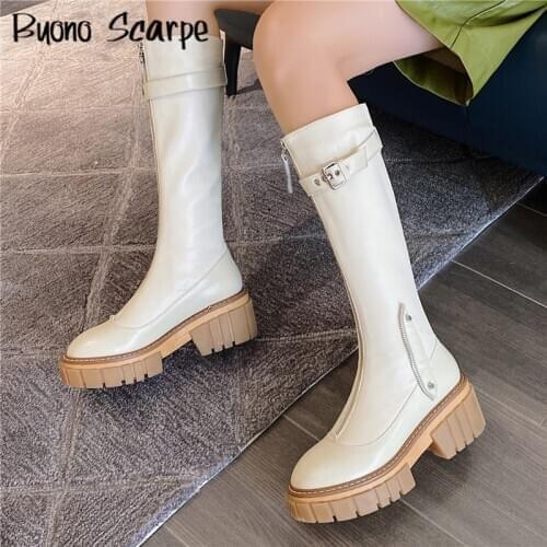 Thick Sole Platform Women Knee Boots Genuine Leather Motorcycle Botas Mujer Leather Belt Buckles Ladies Boots Zip Brand Shoes