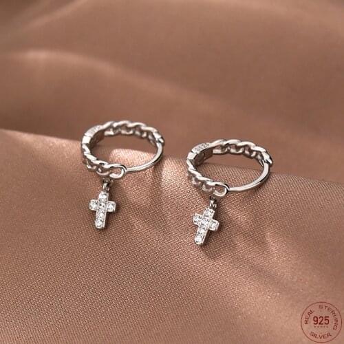 A Girl' Punk Style Silver Cross Chain Earring Inlaid Zircon Earring For Cool Women Gilr Fashion Jewelry Gift