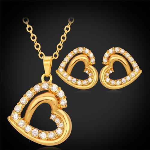 Heart Stud Earring And Pendant Necklace Sets Rhinestone Dubai Jewelry Gift For Women Jewelry Sets Gold Color PE3072
