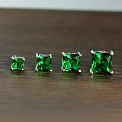 Dainty Female Green Zircon Stone Earrings Charm Square Crystal Stud Earrings For Women Cute Silver Color Small Wedding Earrings