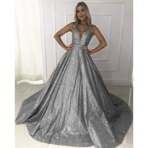 Gray Prom Dresses Ball Gown V-neck Sequins Sparkle Backless Long Prom Gown Evening Dresses Robe De Soiree
