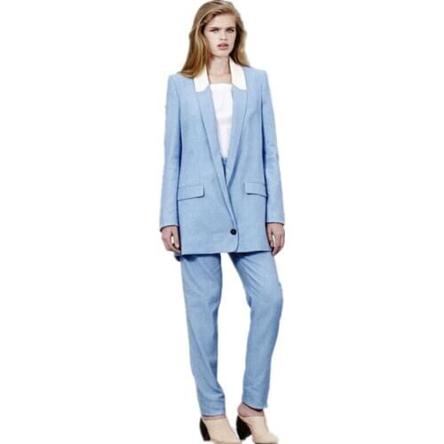 Light Sky Blue Women Casual Office Business Suits Formal Work Wear Uniform Styles Elegant Pant Suits Long Length Custom Made