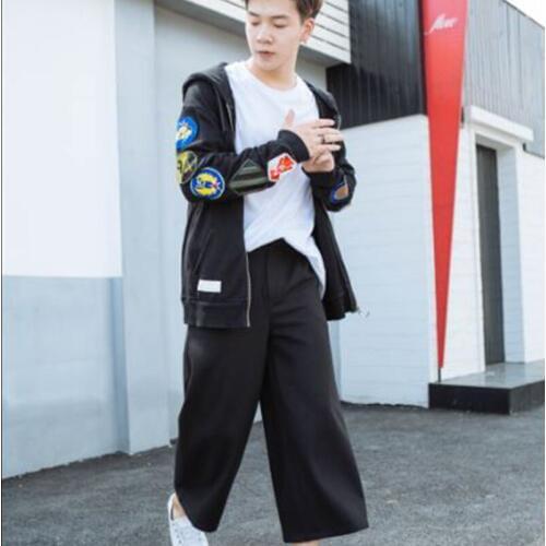 Cropped wide-leg pants mens casual large size autumn and winter tide mens Korean loose straight pants woolen pants mens cropp