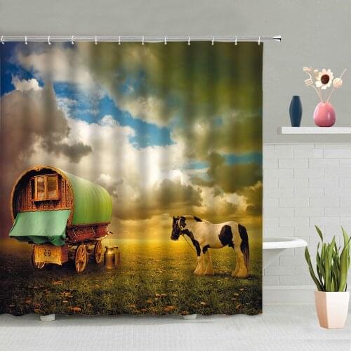 Animals Farm Horse Camel Shower Curtain Retro Wooden Cart Desert Grass Flower Bathroom Bathing Screen Washable With Hooks Set