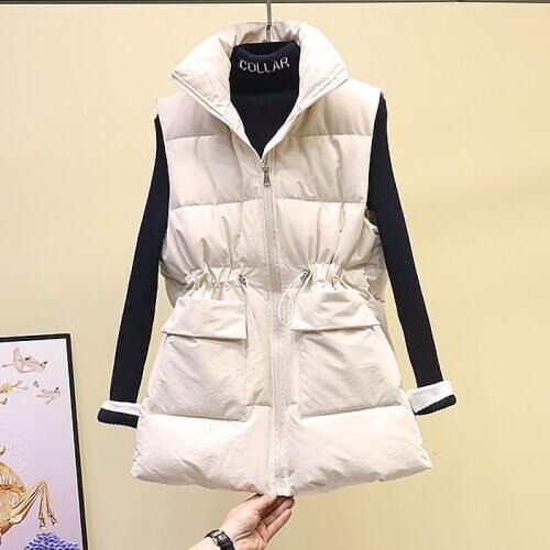 2020 Womens Autumn Temperament Waistcoat Female Tops Zipper Drawstring Pockets Thick Mid-Length Down Cotton Vest Women New Q343
