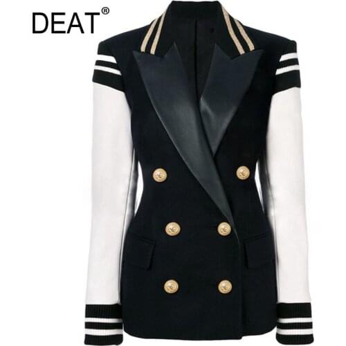 [DEAT] High End Women Coat Threaded Cuffs Double Row Metal Lion Button Contrast Leather Jacket New Fashion 2021 winter GD1079