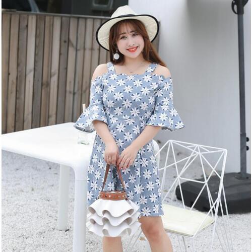 Womens summer sexy halter slash neck dress ladys floral print plus size slim off shoulder dress XL~5XL